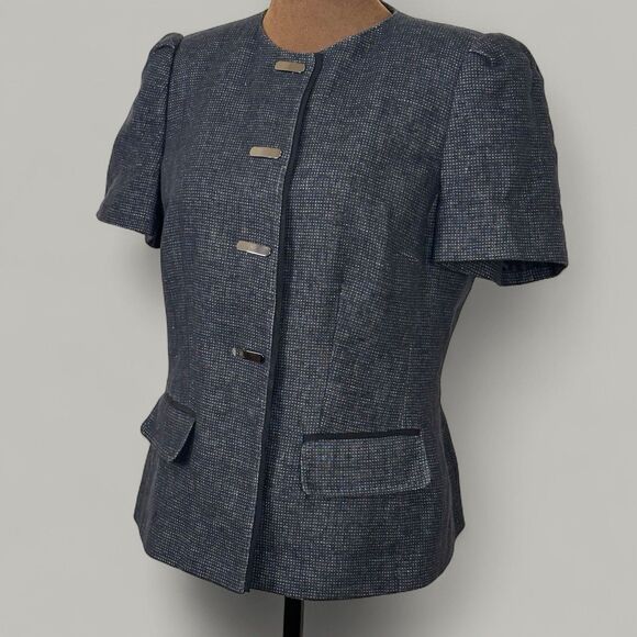 Women Tweed Linen Blend Blazer Size 8 Gray Cropped Office Career Teacher - Picture 2 of 8